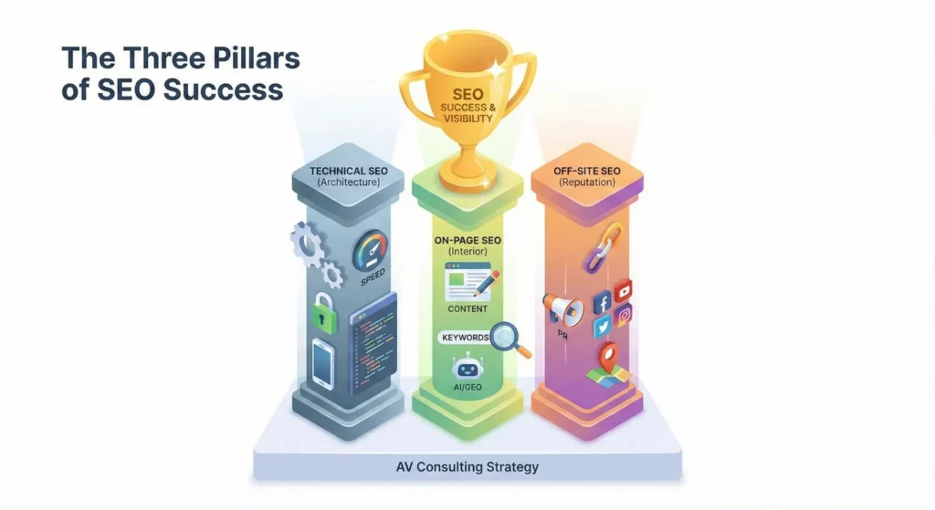 infographic of on page, off page and tech seo