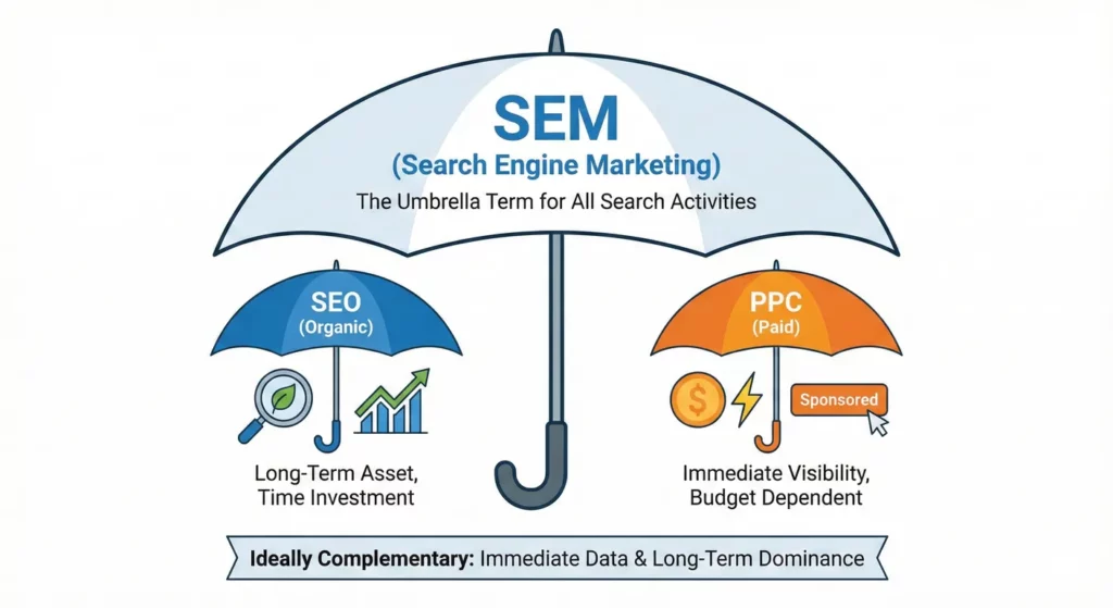 SEM, SEO and PPC position in digital marketing