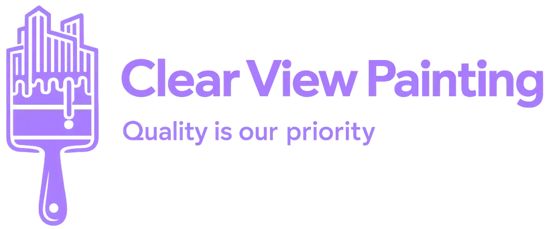 Clear View Painting company logo featuring a paintbrush with a city skyline design