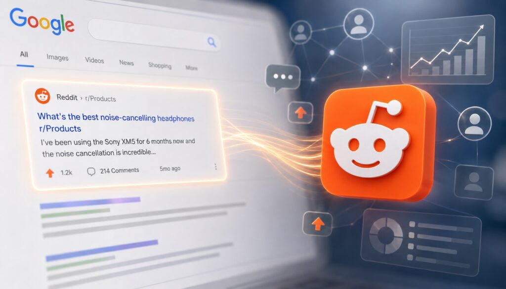 Google Search results featuring a Reddit discussion, with the Reddit logo connected to search visibility, user engagement, and SEO analytics
