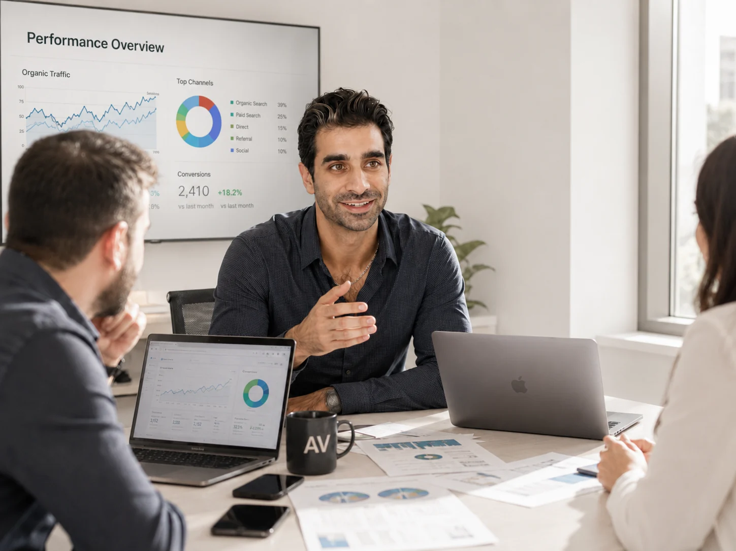 AV Consulting team reviewing organic search, paid media and conversion performance