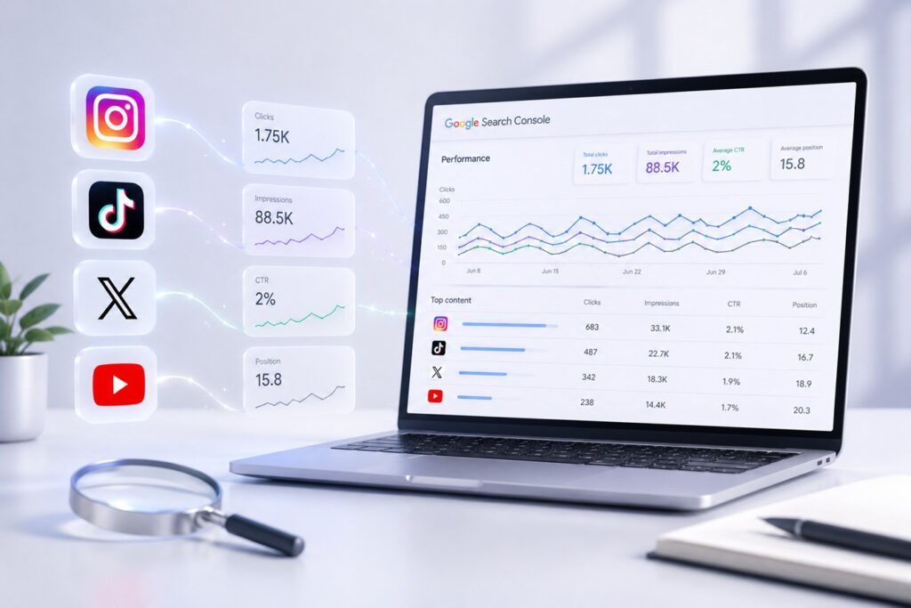 Google Search Console Platform Properties dashboard displaying Instagram, TikTok, X, and YouTube performance metrics